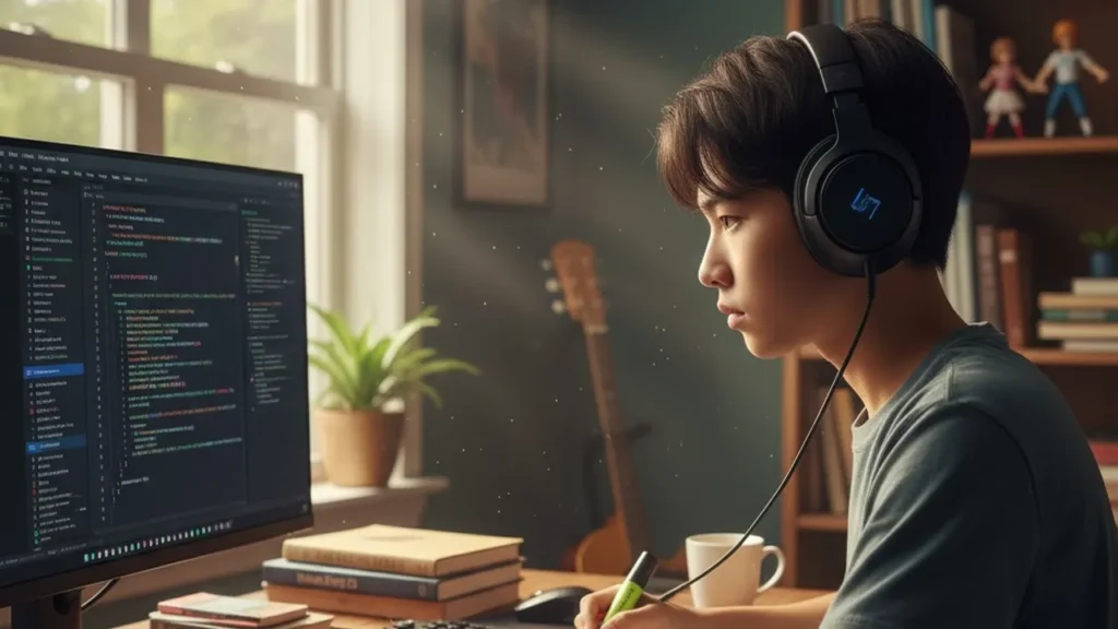 jovem usando música nos estudos